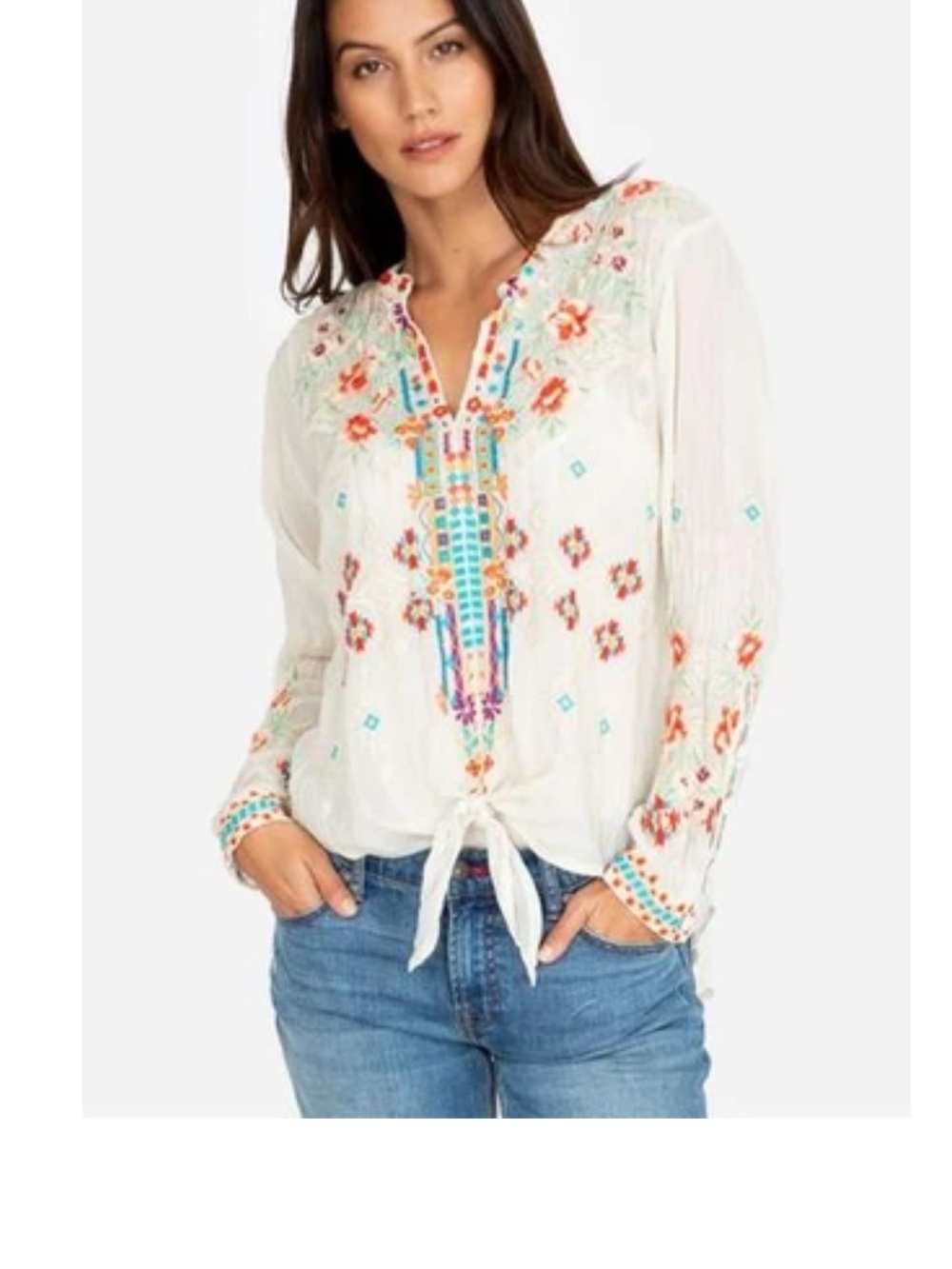 Johnny Was small Tie-Front Peasant Blouse - White with Multicolor Embroider